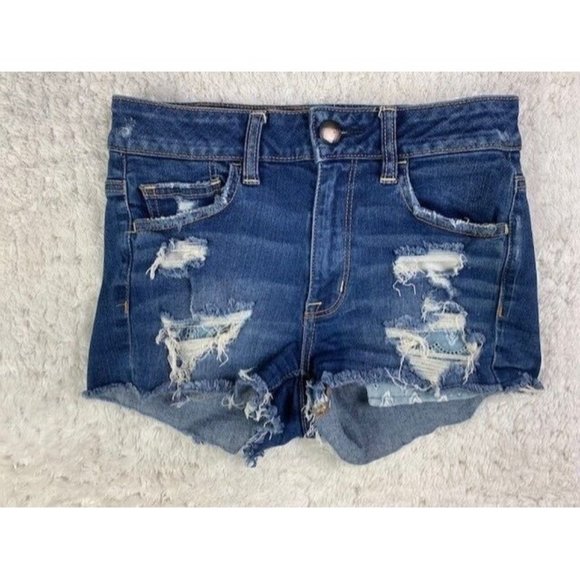 American Eagle Size 4 Super Stretch Womens  Shorts Mid Rise Distressed C… - Picture 1 of 4
